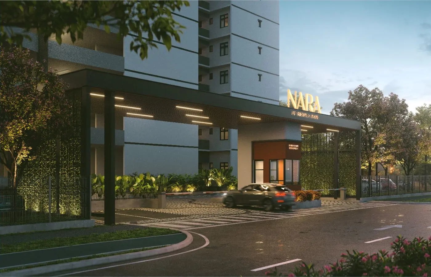 Entrance statement render at night at Nara at Shorea Park