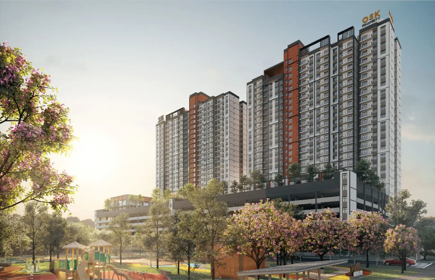 Nara at Shorea Park twin-tower facade render surrounded by trees, Puchong