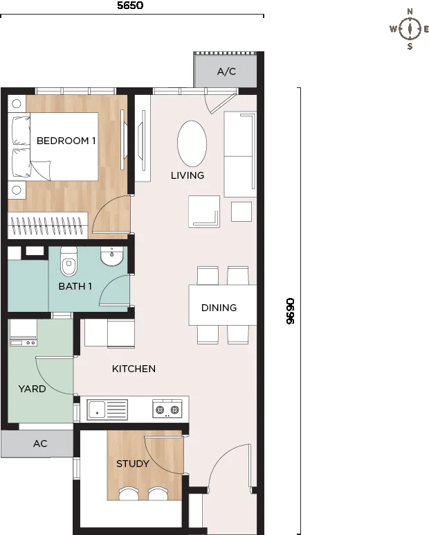 Type A floor plan, 560 sq ft, 1+1 bedroom 1 bathroom, Nara at Shorea Park