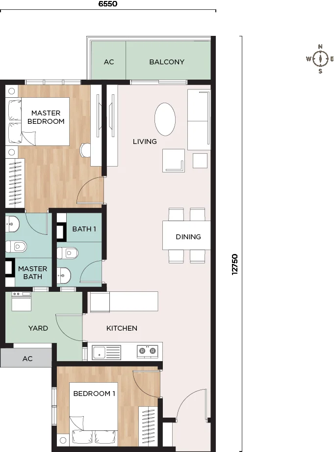 Type B floor plan, 807 sq ft, 2 bedroom 2 bathroom, Nara at Shorea Park