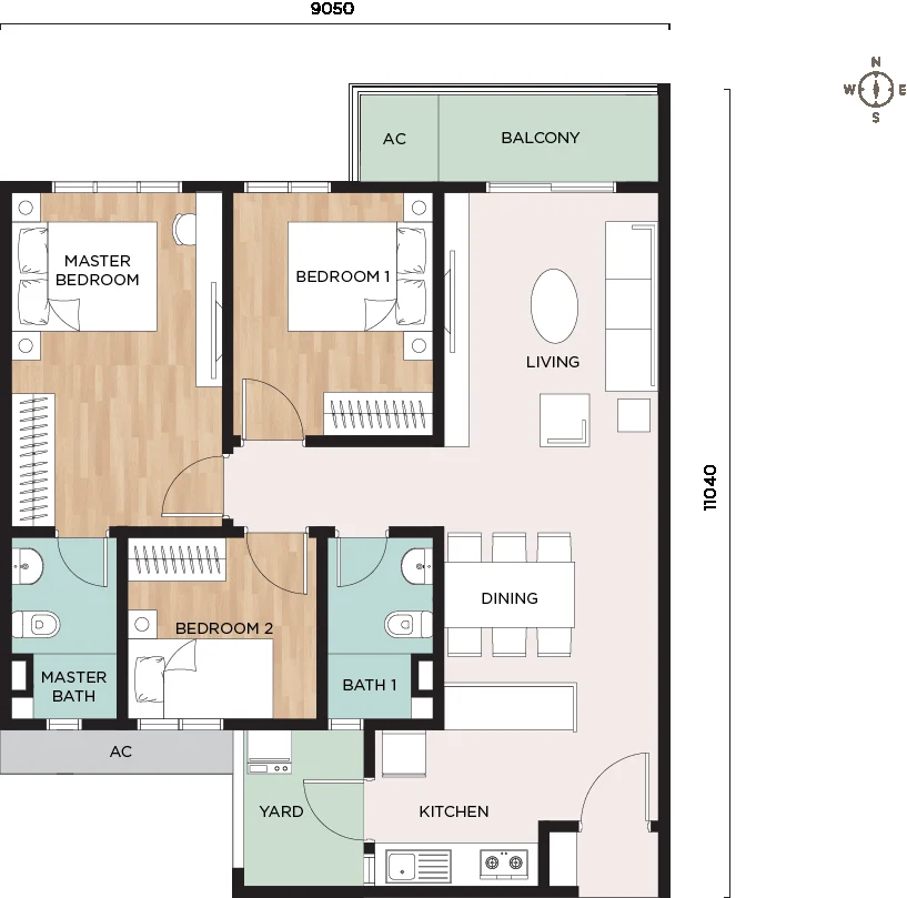 Type C floor plan, 936 sq ft, 3 bedroom 2 bathroom, Nara at Shorea Park