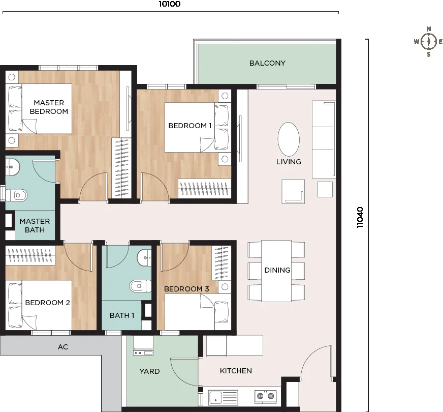 Type D floor plan, 1,055 sq ft, 4 bedroom 2 bathroom, Nara at Shorea Park
