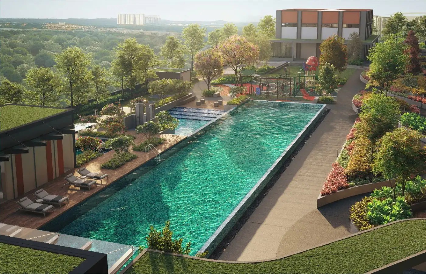 Infinity pool and facilities podium render at Nara at Shorea Park